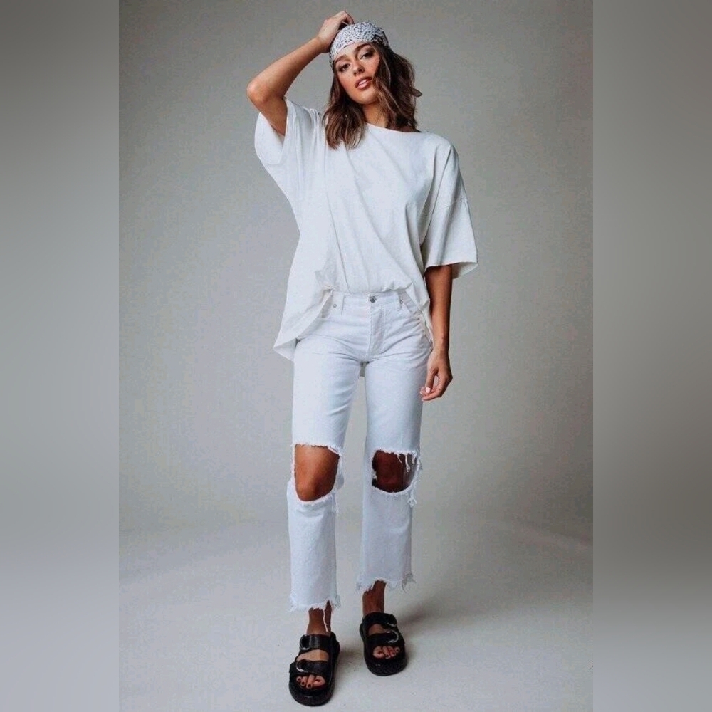 FREE PEOPLE Maggie Mid Rise Straight Leg Distressed Jeans Optic White